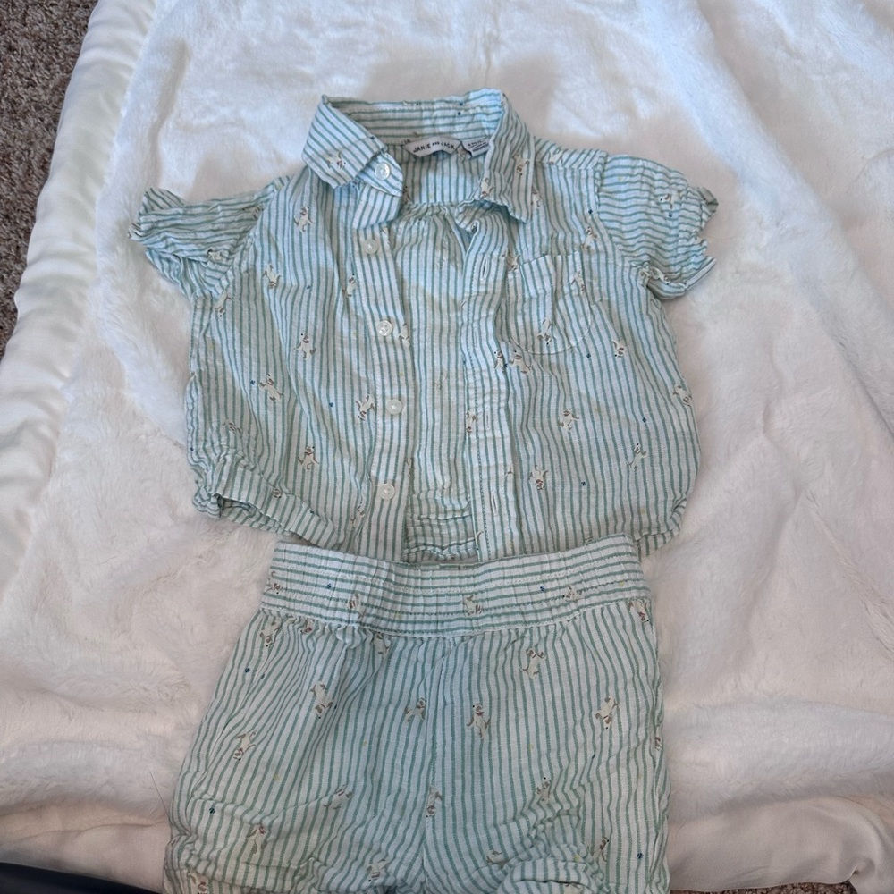 Janie and Jack Mint Green & White Striped Button-Up Set 6-12 month
